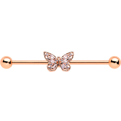14G Clear Gem Rosy Tone Baroque Butterfly Industrial Barbell 38mm