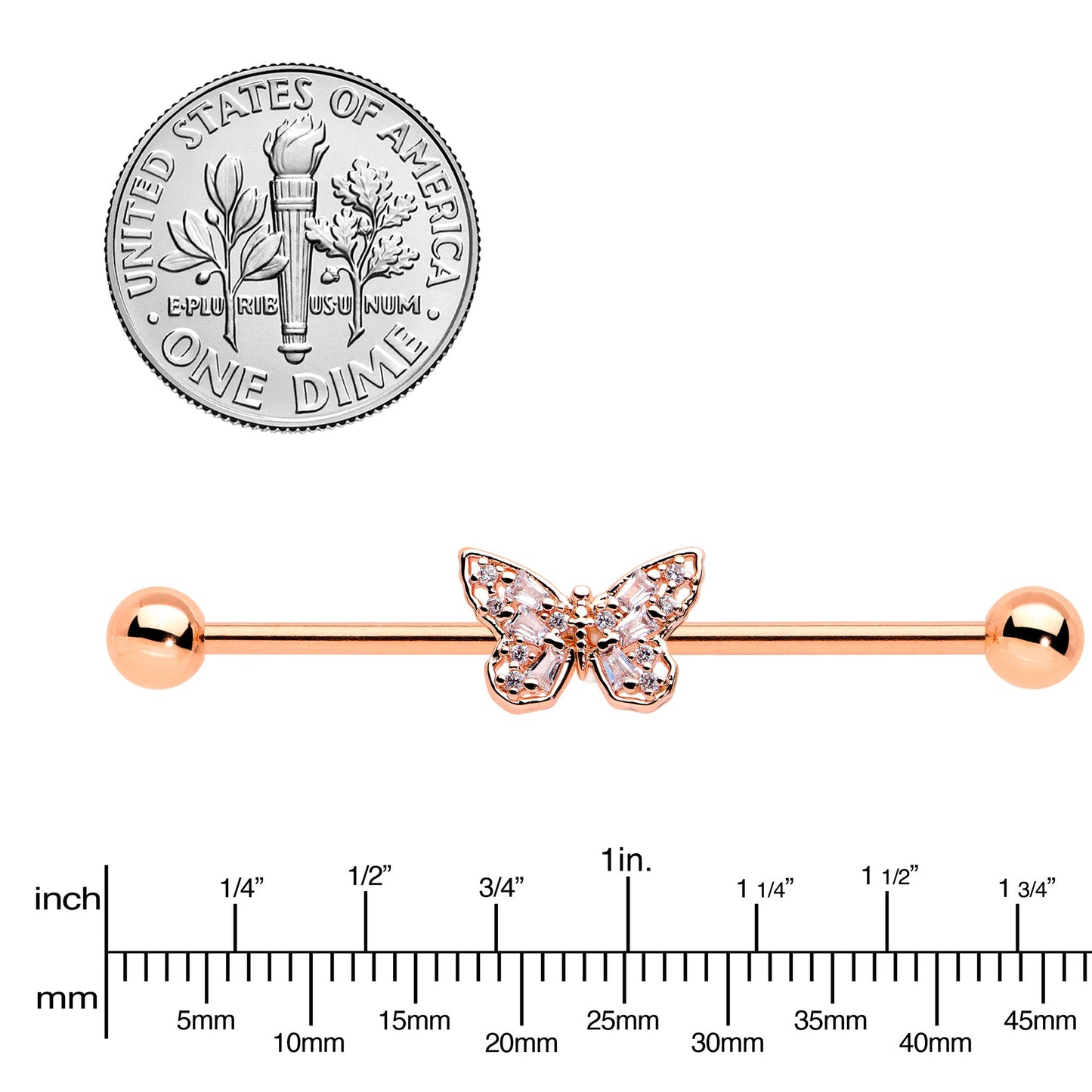 14G Clear Gem Rosy Tone Baroque Butterfly Industrial Barbell 38mm