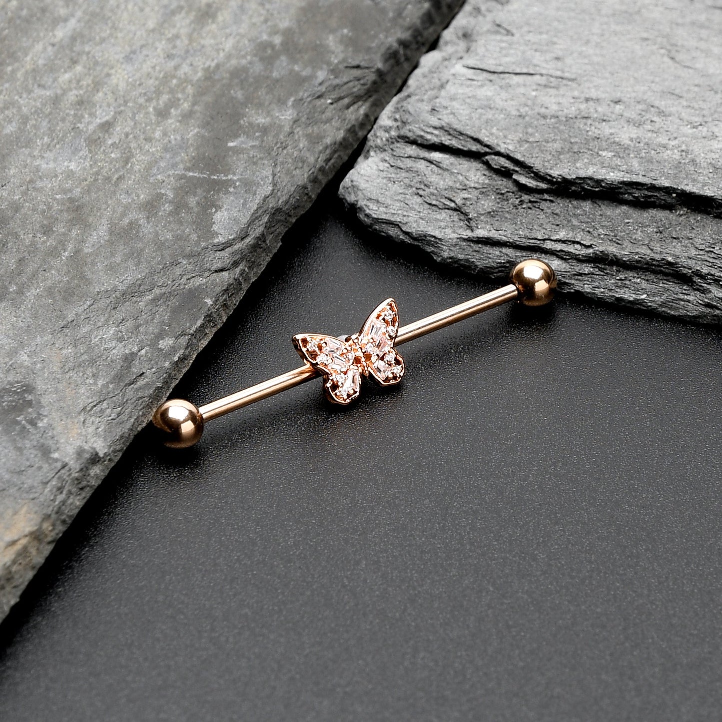 14G Clear Gem Rosy Tone Baroque Butterfly Industrial Barbell 38mm