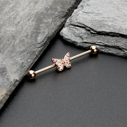 14G Clear Gem Rosy Tone Baroque Butterfly Industrial Barbell 38mm