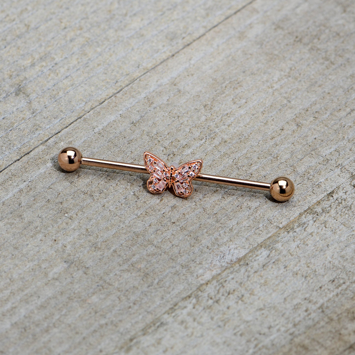 14G Clear Gem Rosy Tone Baroque Butterfly Industrial Barbell 38mm