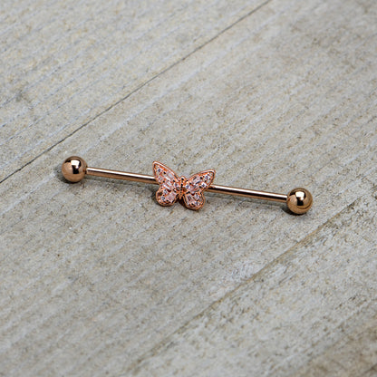 14G Clear Gem Rosy Tone Baroque Butterfly Industrial Barbell 38mm