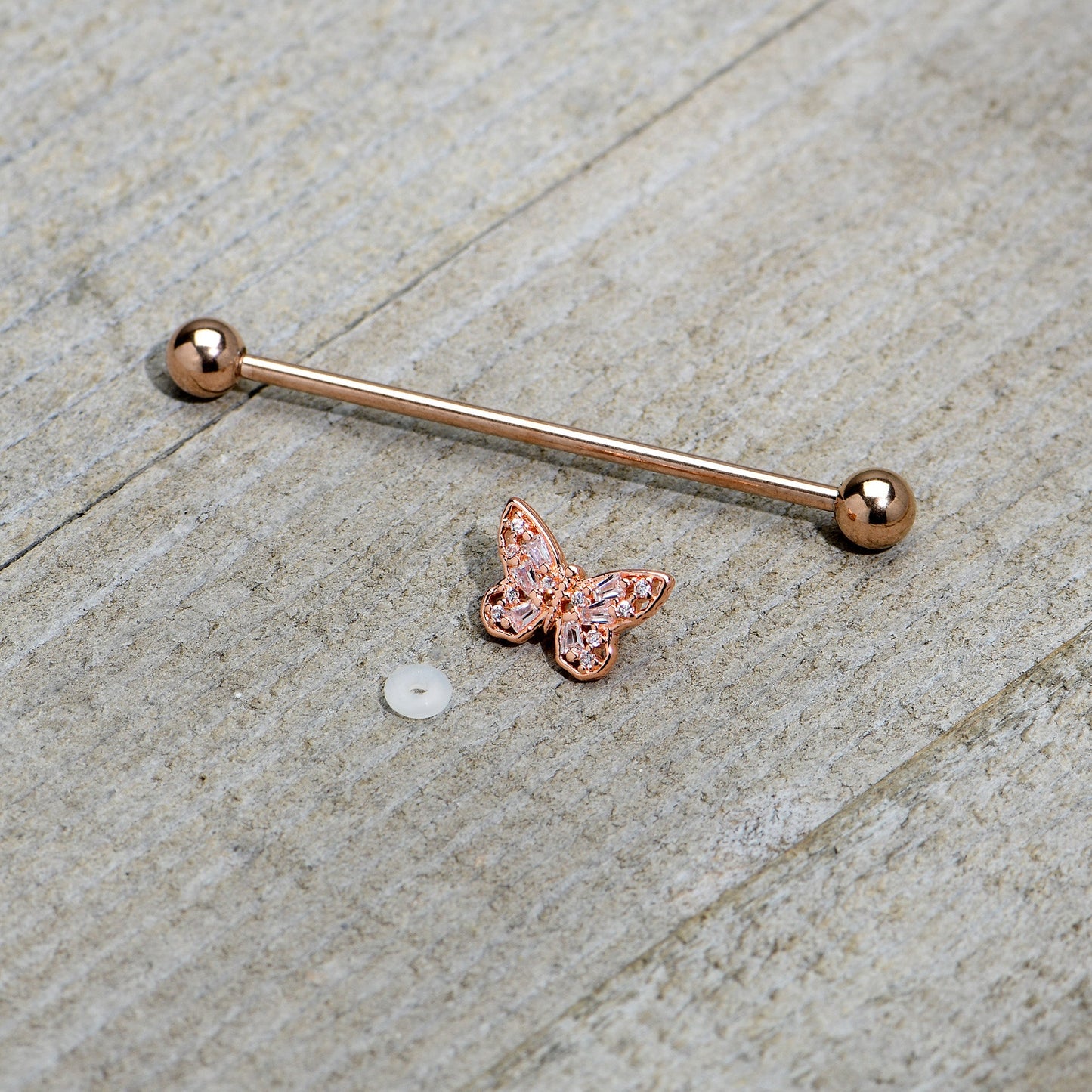 14G Clear Gem Rosy Tone Baroque Butterfly Industrial Barbell 38mm