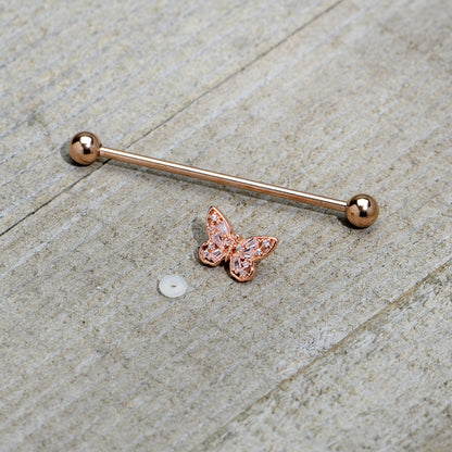 14G Clear Gem Rosy Tone Baroque Butterfly Industrial Barbell 38mm