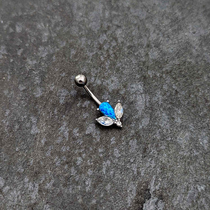Blue Synthetic Opal Style Flower Belly Ring