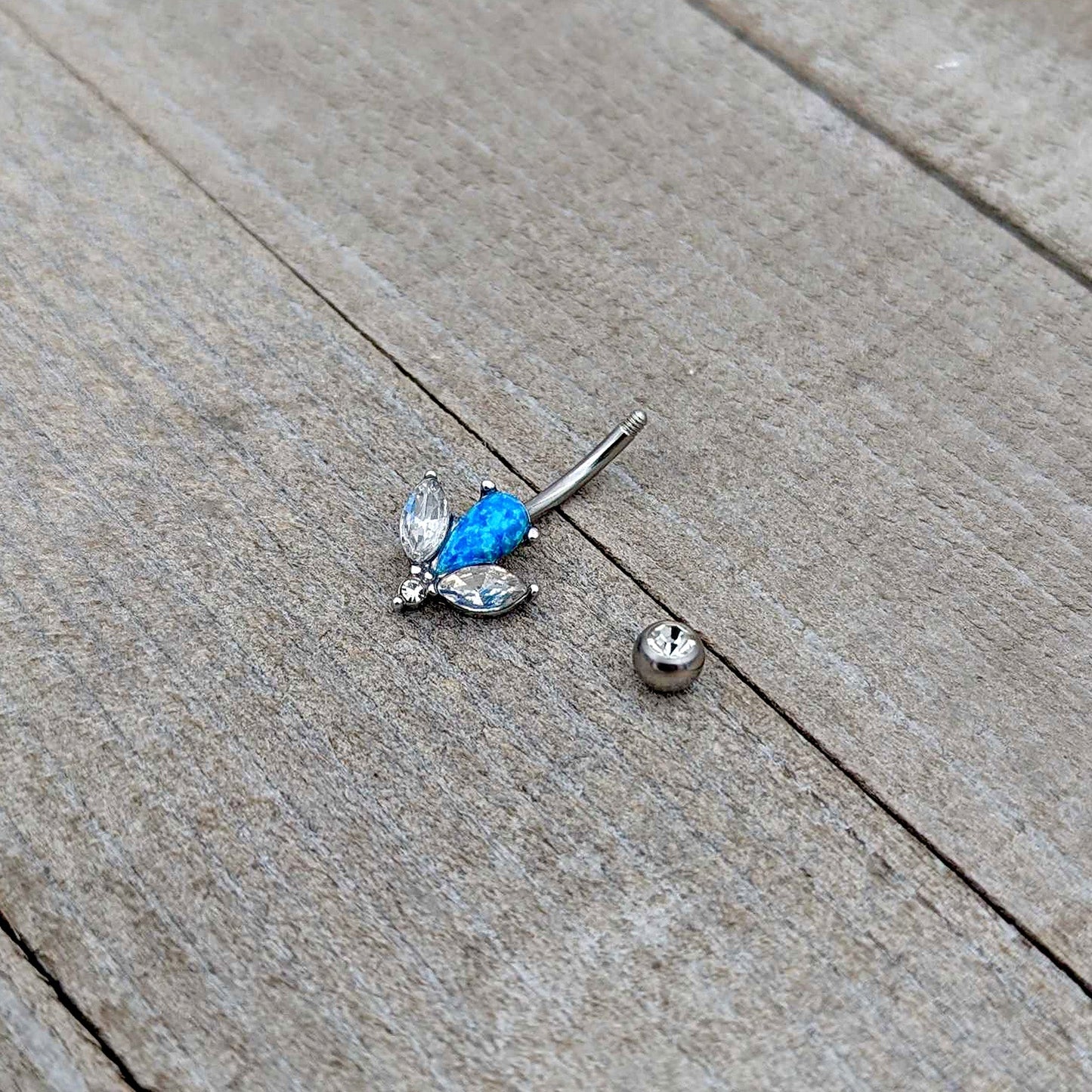 Blue Synthetic Opal Style Flower Belly Ring