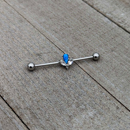 14G Blue Faux Opal Style Flower Industrial Barbell 38mm