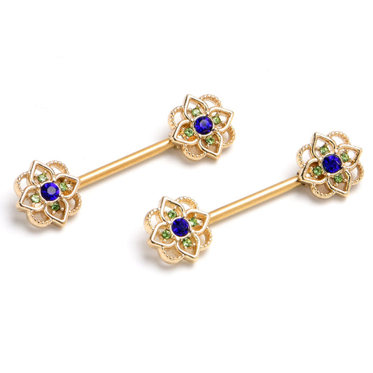 14G 9/16 Blue Gem Gold Tone Celtic Style Barbell Nipple Ring Set