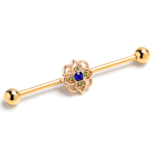 14G Blue Gem Gold Tone Celtic Style Industrial Barbell 38mm