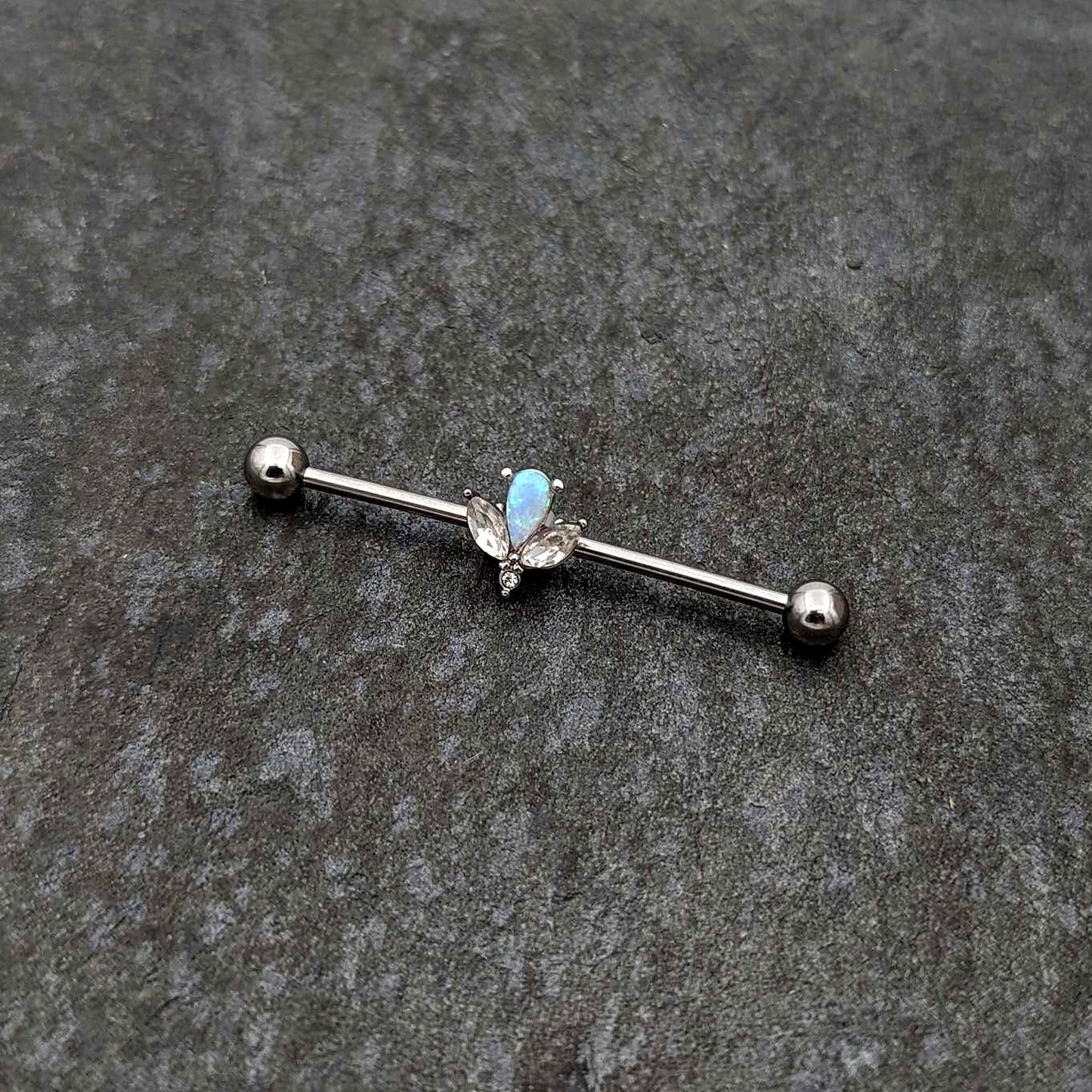 14G White Faux Opal Style Flower Industrial Barbell 38mm