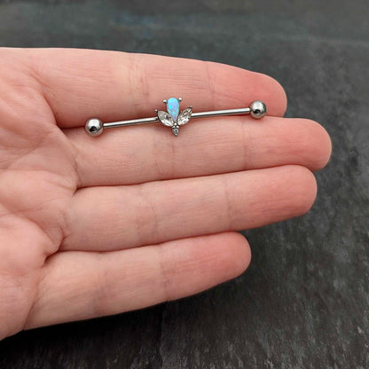 14G White Faux Opal Style Flower Industrial Barbell 38mm