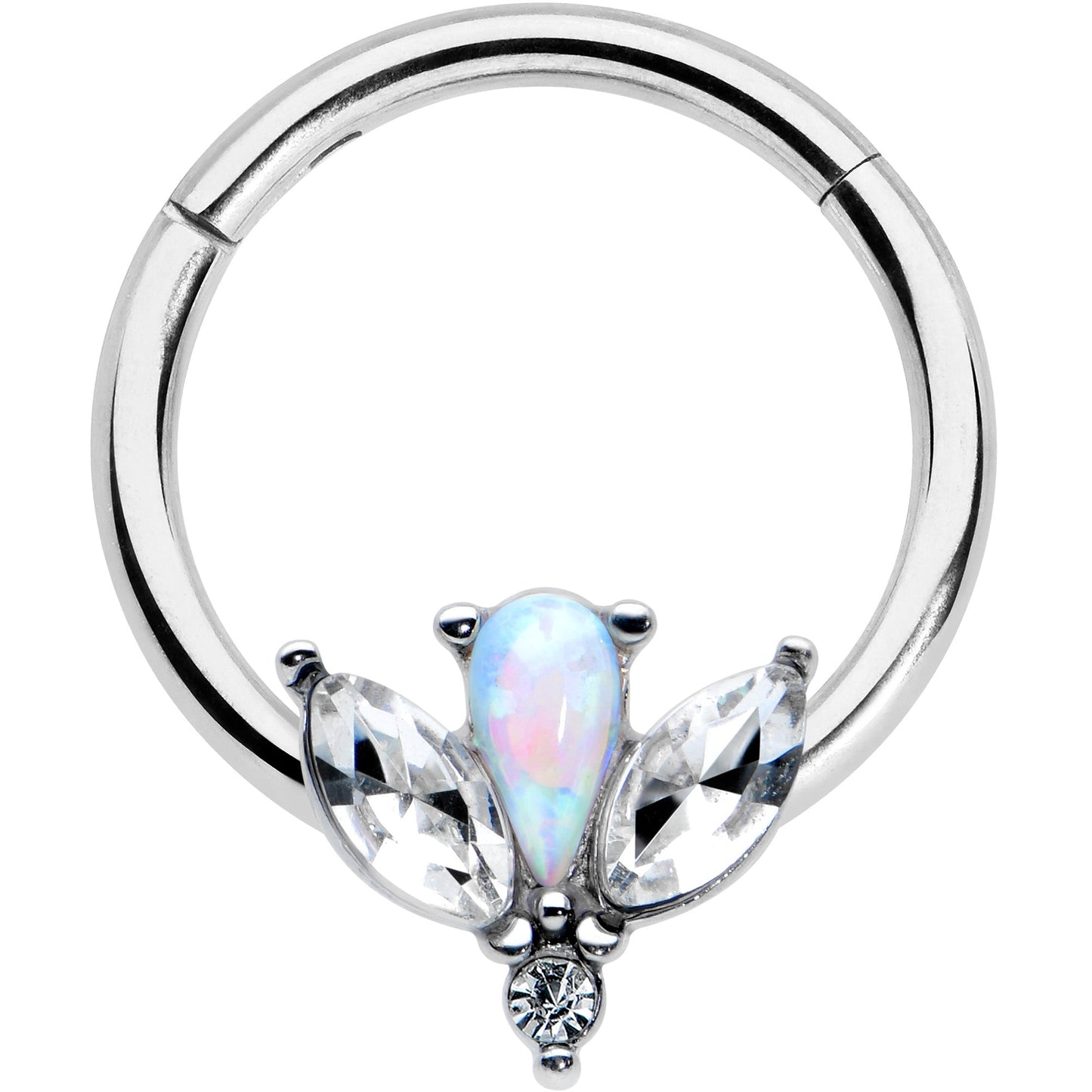 16G 3/8 White Faux Opal Style Flower Hinged Segment Ring