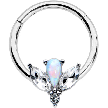 16G 3/8 White Faux Opal Style Flower Hinged Segment Ring