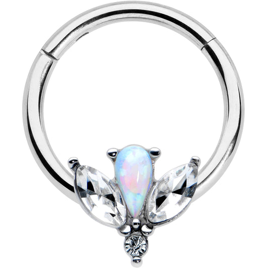 16G 3/8 White Faux Opal Style Flower Hinged Segment Ring