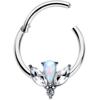 16G 3/8 White Faux Opal Style Flower Hinged Segment Ring