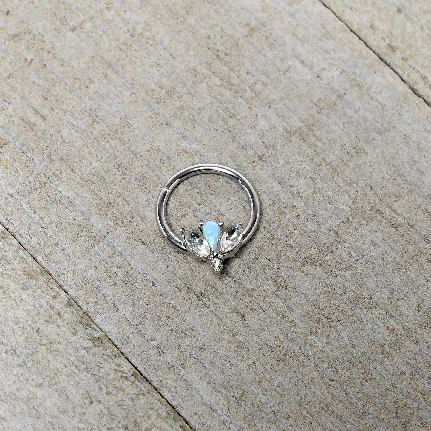 16G 3/8 White Faux Opal Style Flower Hinged Segment Ring