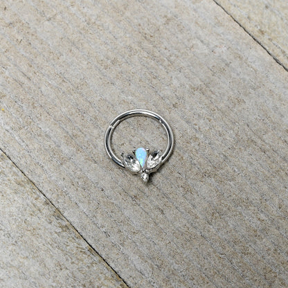16G 3/8 White Faux Opal Style Flower Hinged Segment Ring