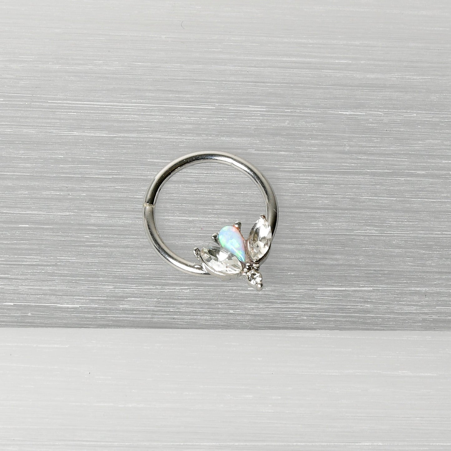 16G 3/8 White Faux Opal Style Flower Hinged Segment Ring
