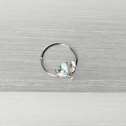 16G 3/8 White Faux Opal Style Flower Hinged Segment Ring