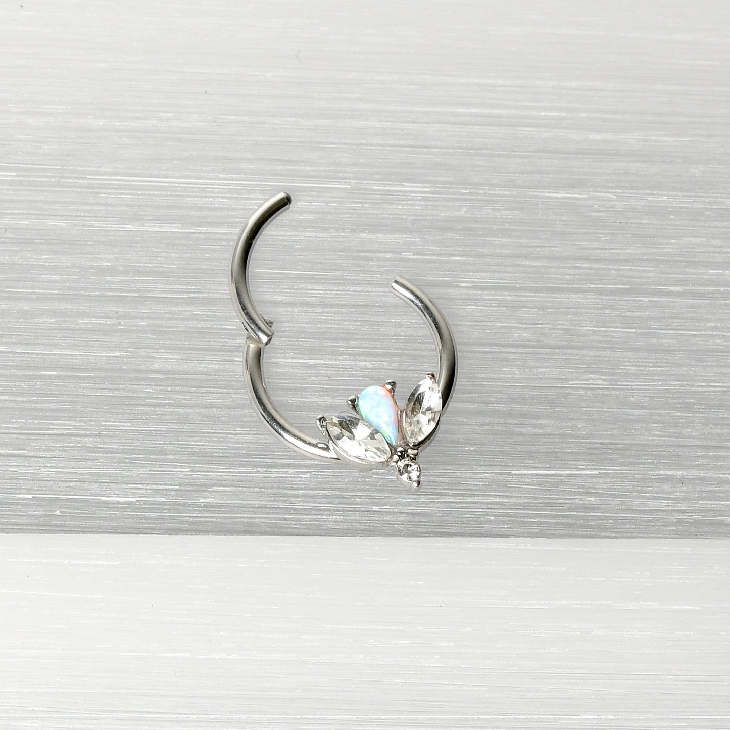 16G 3/8 White Faux Opal Style Flower Hinged Segment Ring