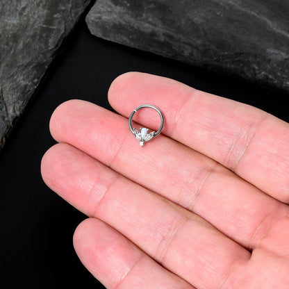 16G 3/8 White Faux Opal Style Flower Hinged Segment Ring