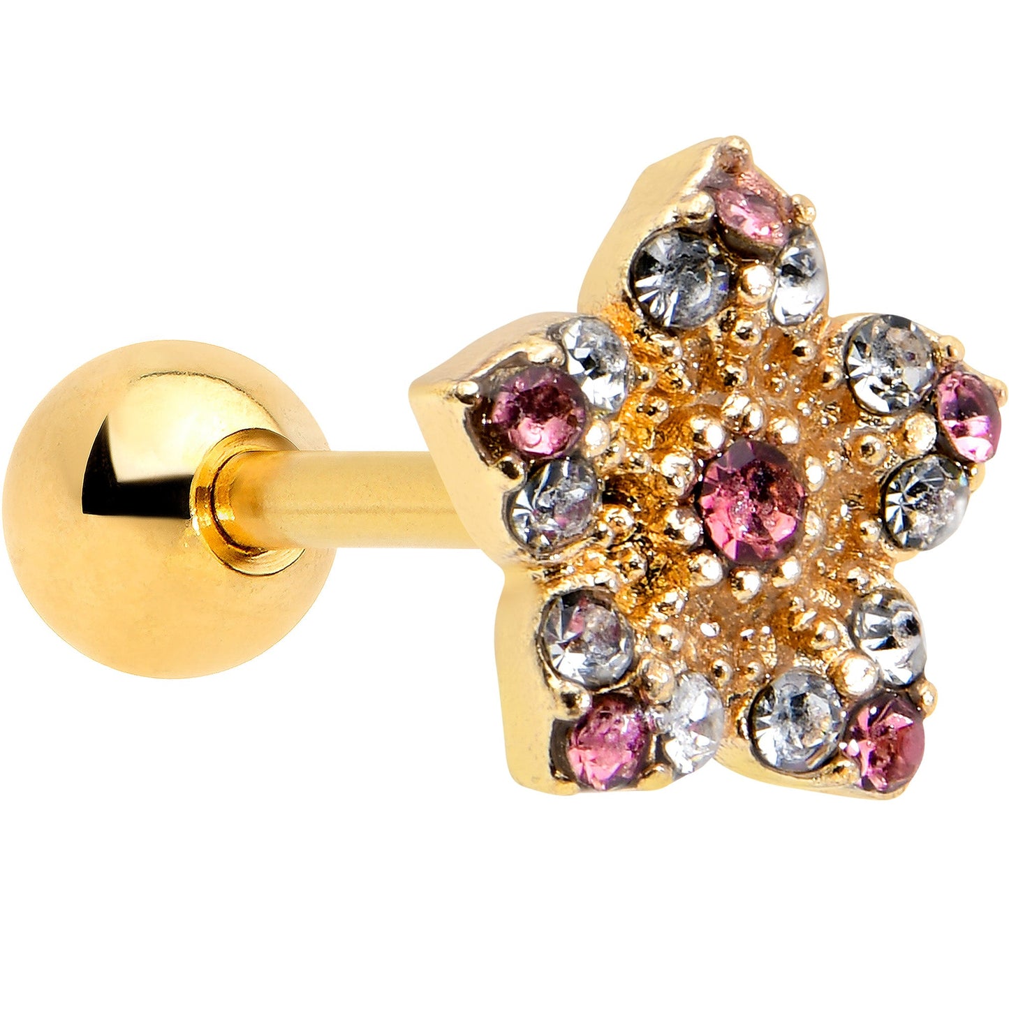 16G 1/4 Pink Clear Gem Gold Tone Texture Star Cartilage Earring