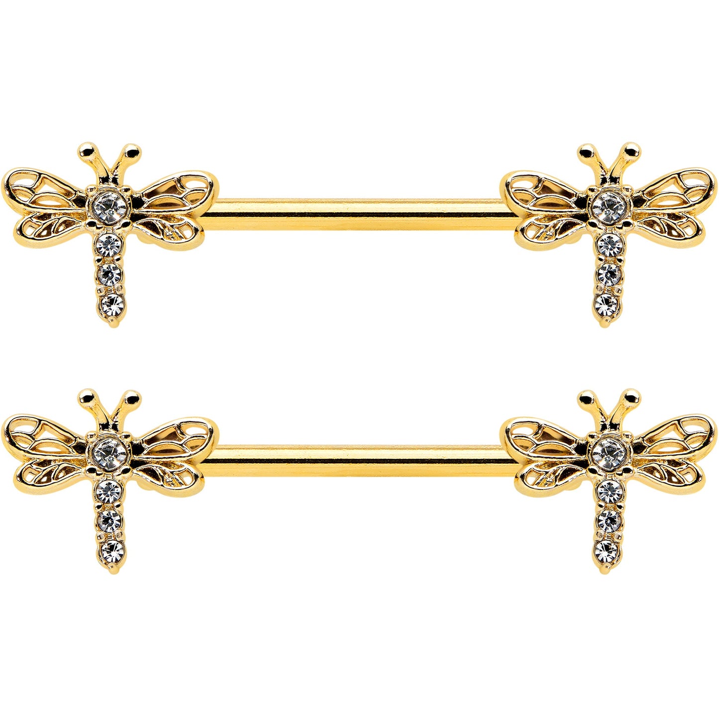 14G 9/16 Clear Gem Gold Tone Flying Dragonfly Nipple Ring Set