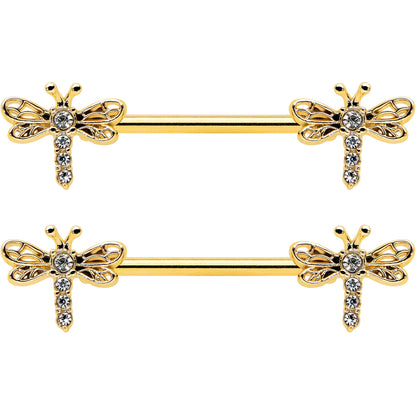 14G 9/16 Clear Gem Gold Tone Flying Dragonfly Nipple Ring Set