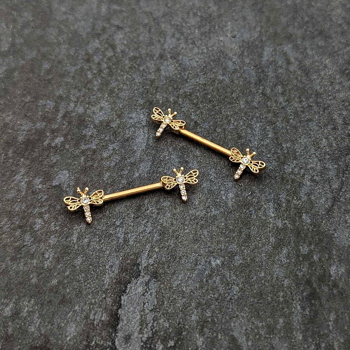 14G 9/16 Clear Gem Gold Tone Flying Dragonfly Nipple Ring Set