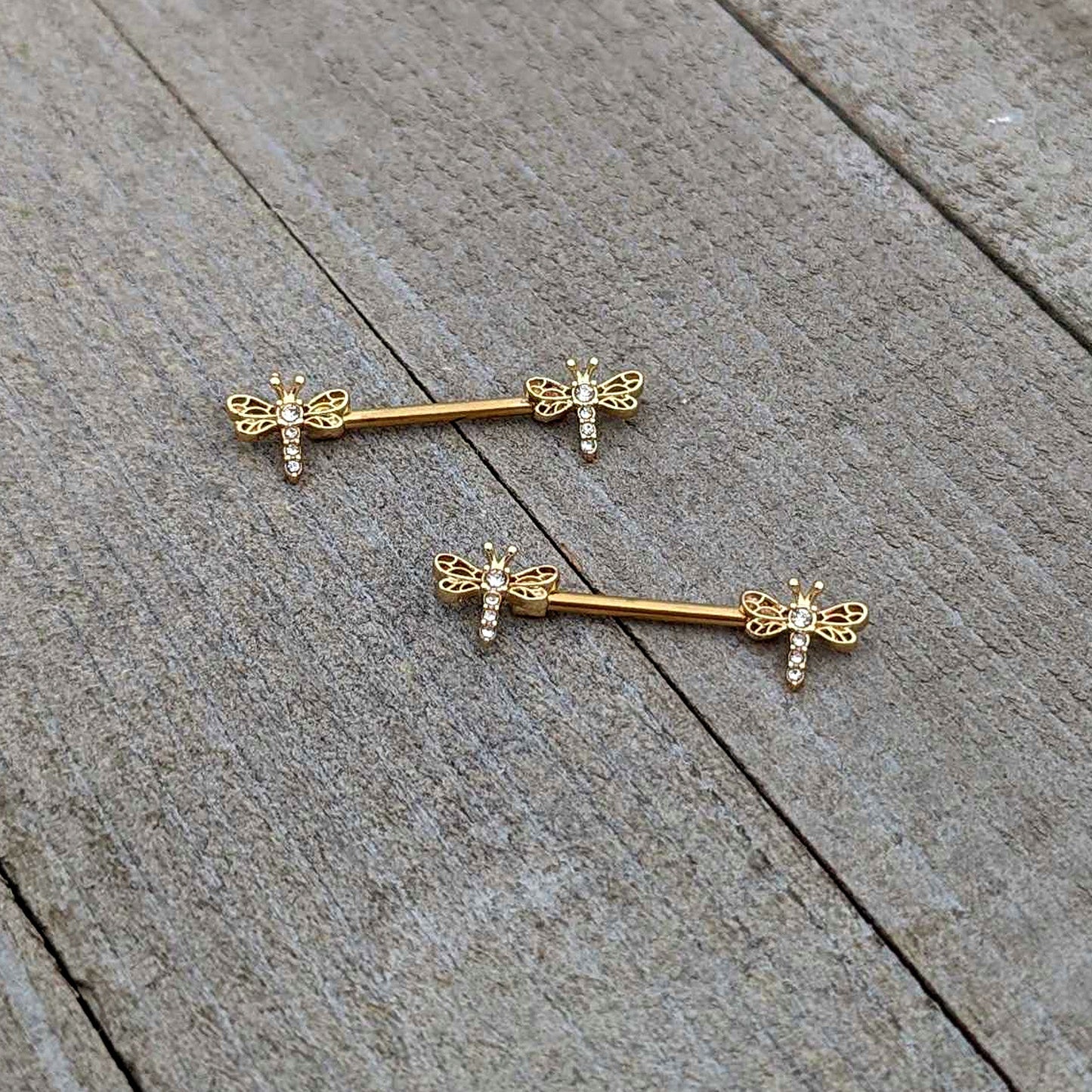 14G 9/16 Clear Gem Gold Tone Flying Dragonfly Nipple Ring Set
