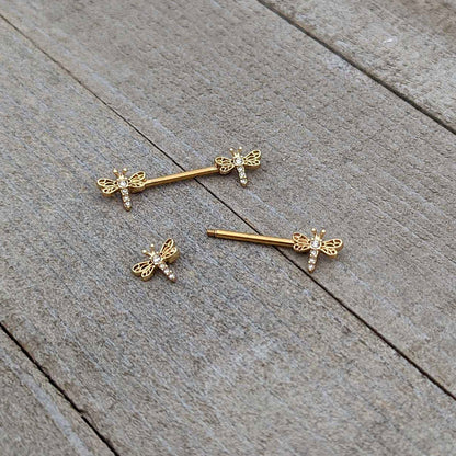 14G 9/16 Clear Gem Gold Tone Flying Dragonfly Nipple Ring Set