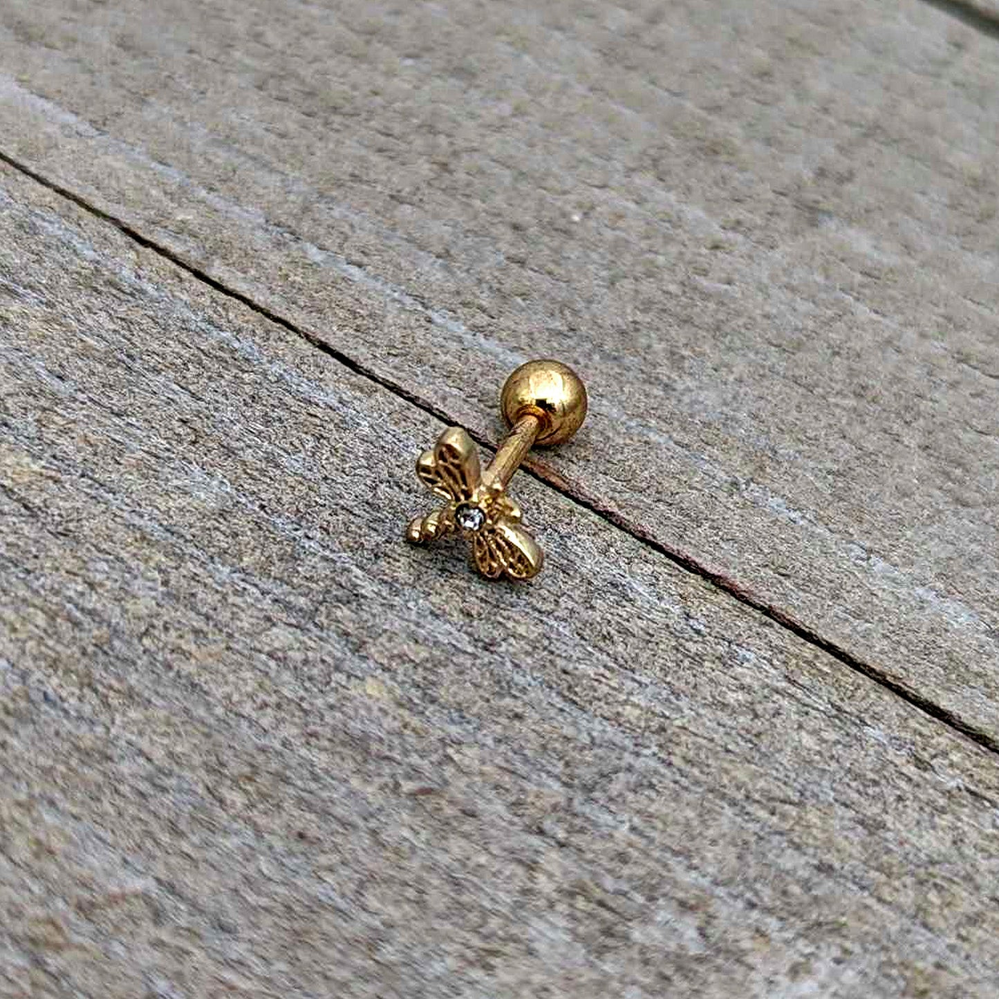16G 1/4 Clear Gem Gold Tone Flying Dragonfly Cartilage Earring