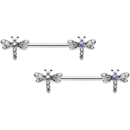14G 9/16 Aurora Gem Ornate Dragonflies Barbell Nipple Ring Set