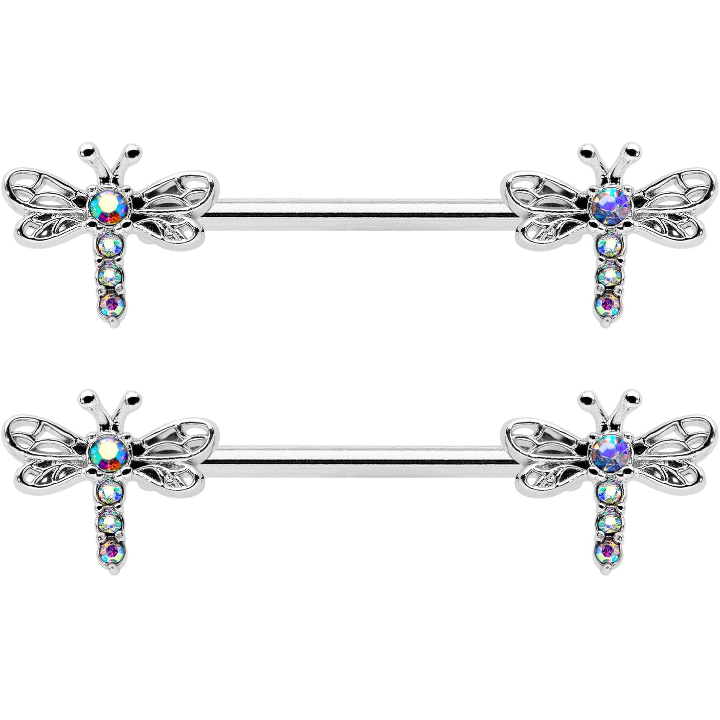 14G 9/16 Aurora Gem Ornate Dragonflies Barbell Nipple Ring Set