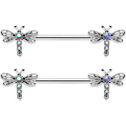 14G 9/16 Aurora Gem Ornate Dragonflies Barbell Nipple Ring Set