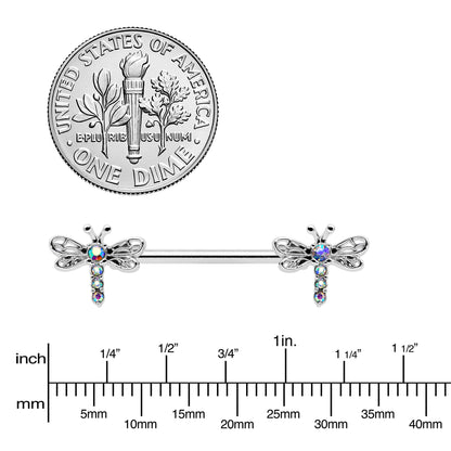 14G 9/16 Aurora Gem Ornate Dragonflies Barbell Nipple Ring Set
