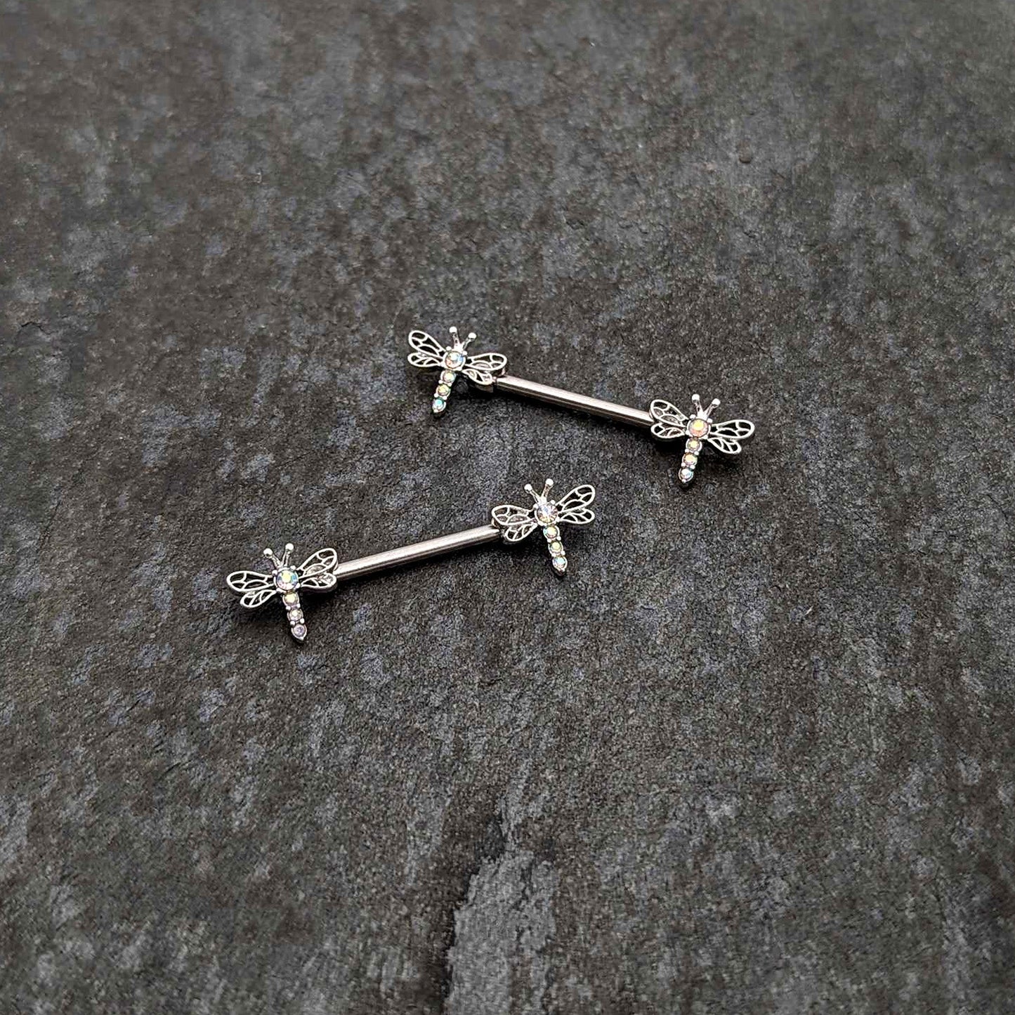 14G 9/16 Aurora Gem Ornate Dragonflies Barbell Nipple Ring Set