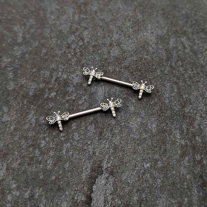 14G 9/16 Aurora Gem Ornate Dragonflies Barbell Nipple Ring Set