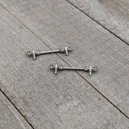 14G 9/16 Aurora Gem Ornate Dragonflies Barbell Nipple Ring Set