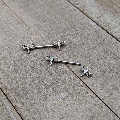 14G 9/16 Aurora Gem Ornate Dragonflies Barbell Nipple Ring Set