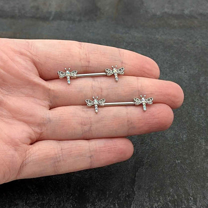 14G 9/16 Aurora Gem Ornate Dragonflies Barbell Nipple Ring Set