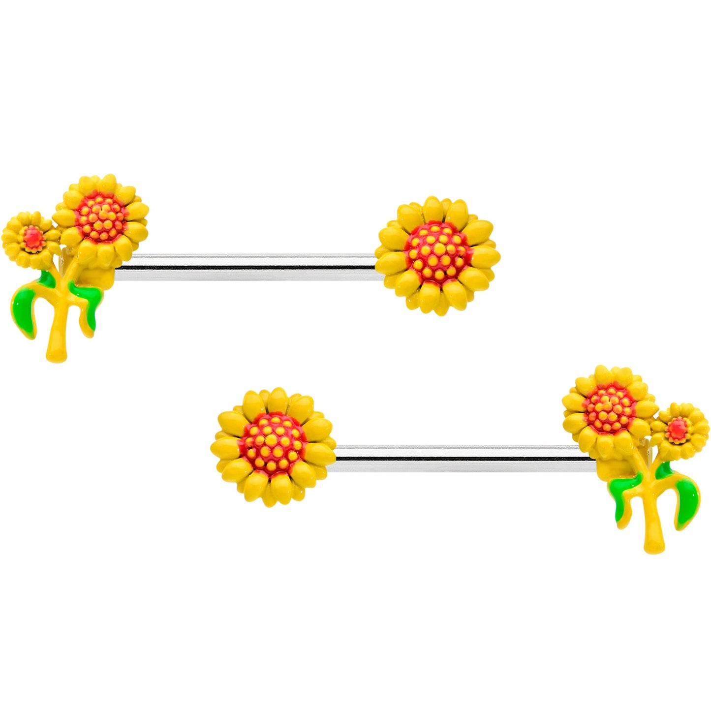 14G 9/16 Happy Yellow Sunflower Trio Barbell Nipple Ring Set