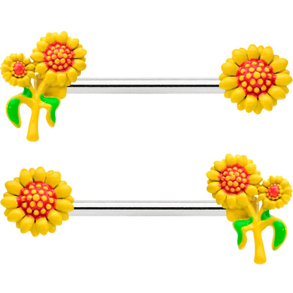 14G 9/16 Happy Yellow Sunflower Trio Barbell Nipple Ring Set