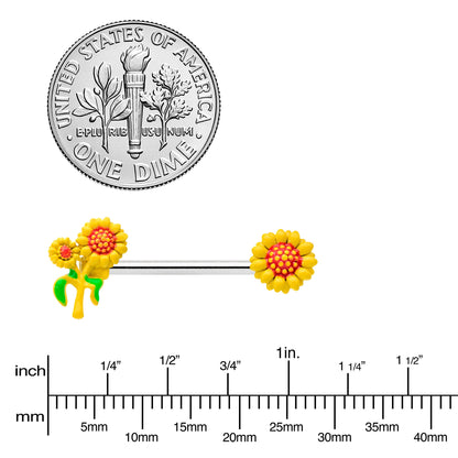 14G 9/16 Happy Yellow Sunflower Trio Barbell Nipple Ring Set