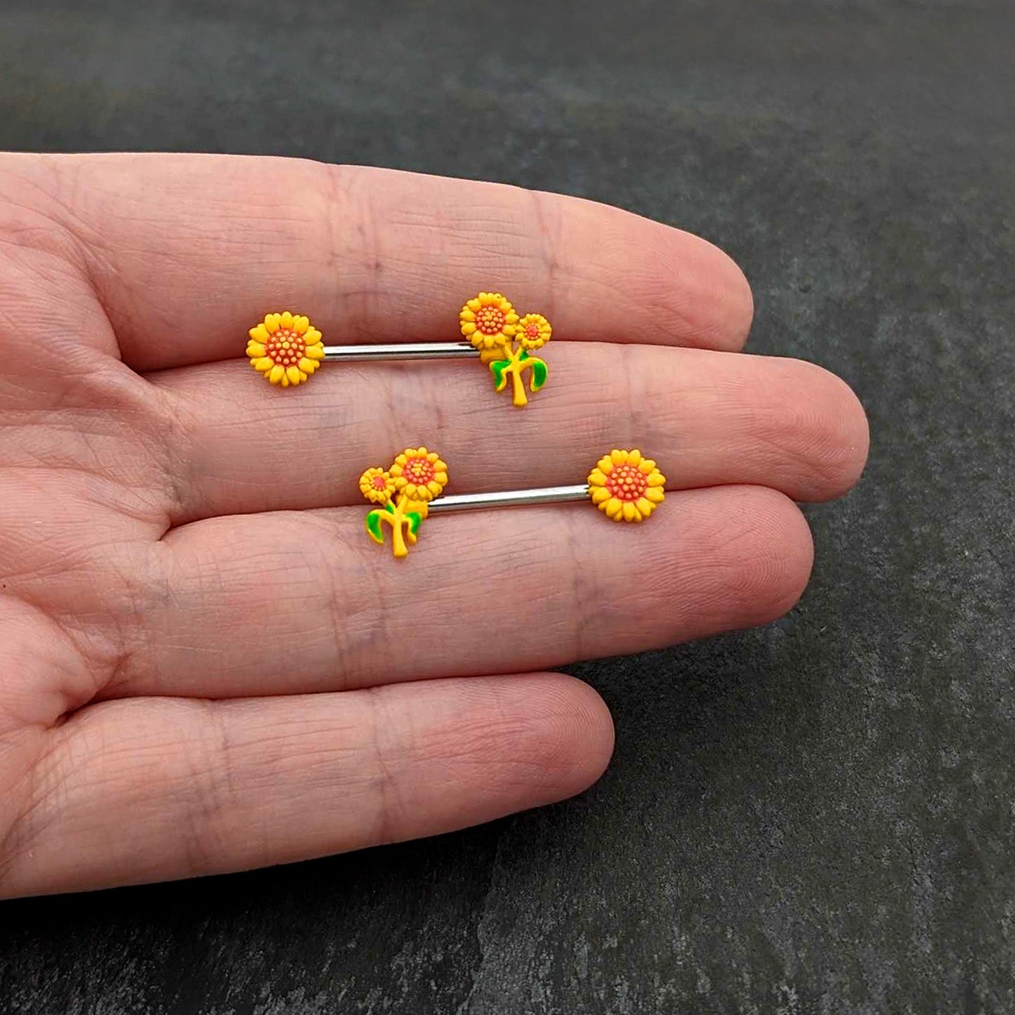 14G 9/16 Happy Yellow Sunflower Trio Barbell Nipple Ring Set