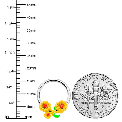 16G 3/8 Happy Yellow Sunflower Trio Hinged Segment Ring