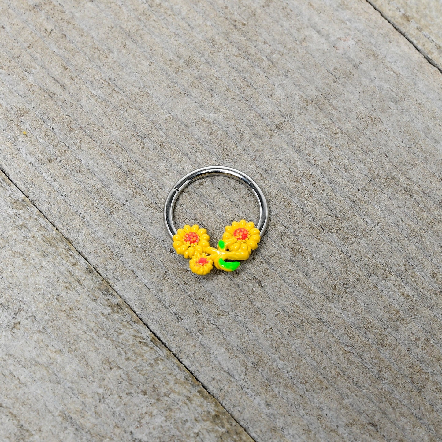 16G 3/8 Happy Yellow Sunflower Trio Hinged Segment Ring