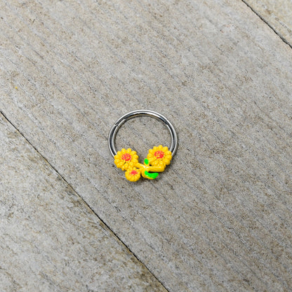 16G 3/8 Happy Yellow Sunflower Trio Hinged Segment Ring