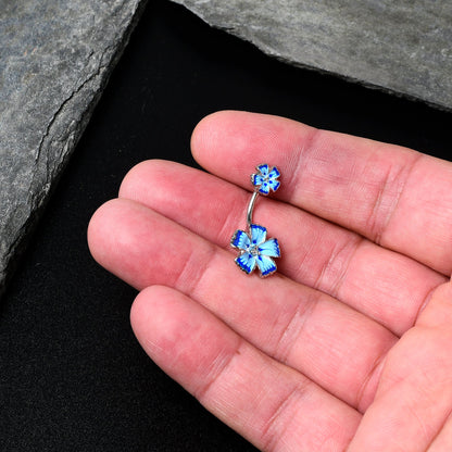 Blue Flower Textured Center Double Mount Belly Ring