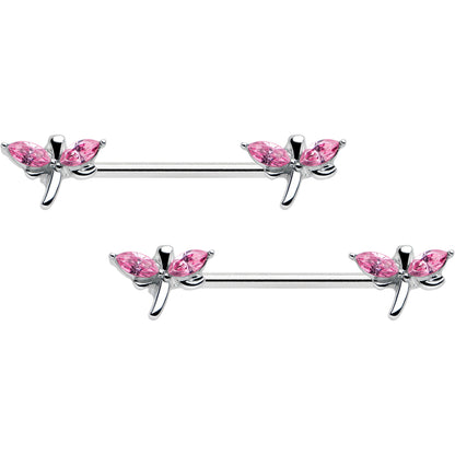 14G 5/8 Pink Gem Simple Styled Dragonfly Barbell Nipple Ring Set